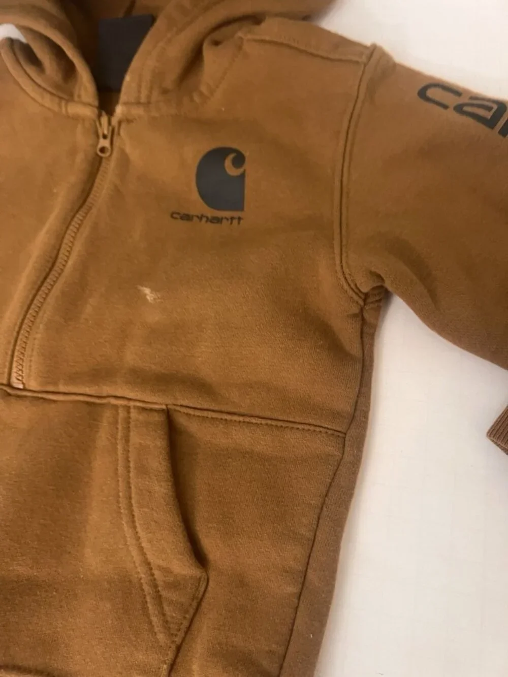 Carhartt Boys 2T Brown Quarter Zip Fleece Hoodie Sleeve Logo Sweatshirt     Ab